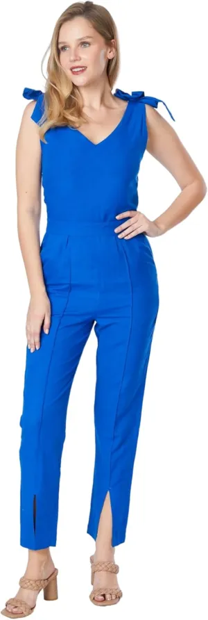 Paradigm Women's Sleeveless Bow V-Neck Jumpsuit, Cobalt Blue, XS-2X, Cotton, Casual Chic