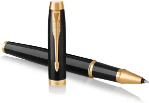 PARKER IM Rollerball Pen, Black Lacquer Gold Trim with Fine Point Black Ink Refill, Gift Box (1931659), Black and Gold