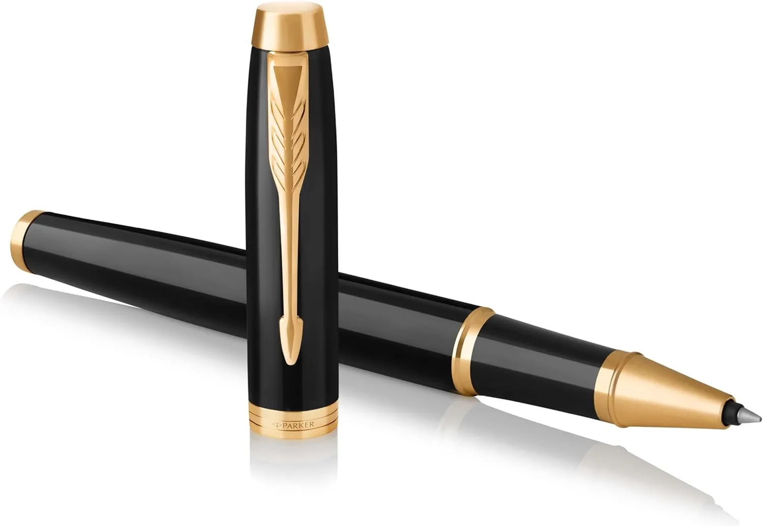 PARKER IM Rollerball Pen, Black Lacquer Gold Trim with Fine Point Black Ink Refill, Gift Box (1931659), Black and Gold