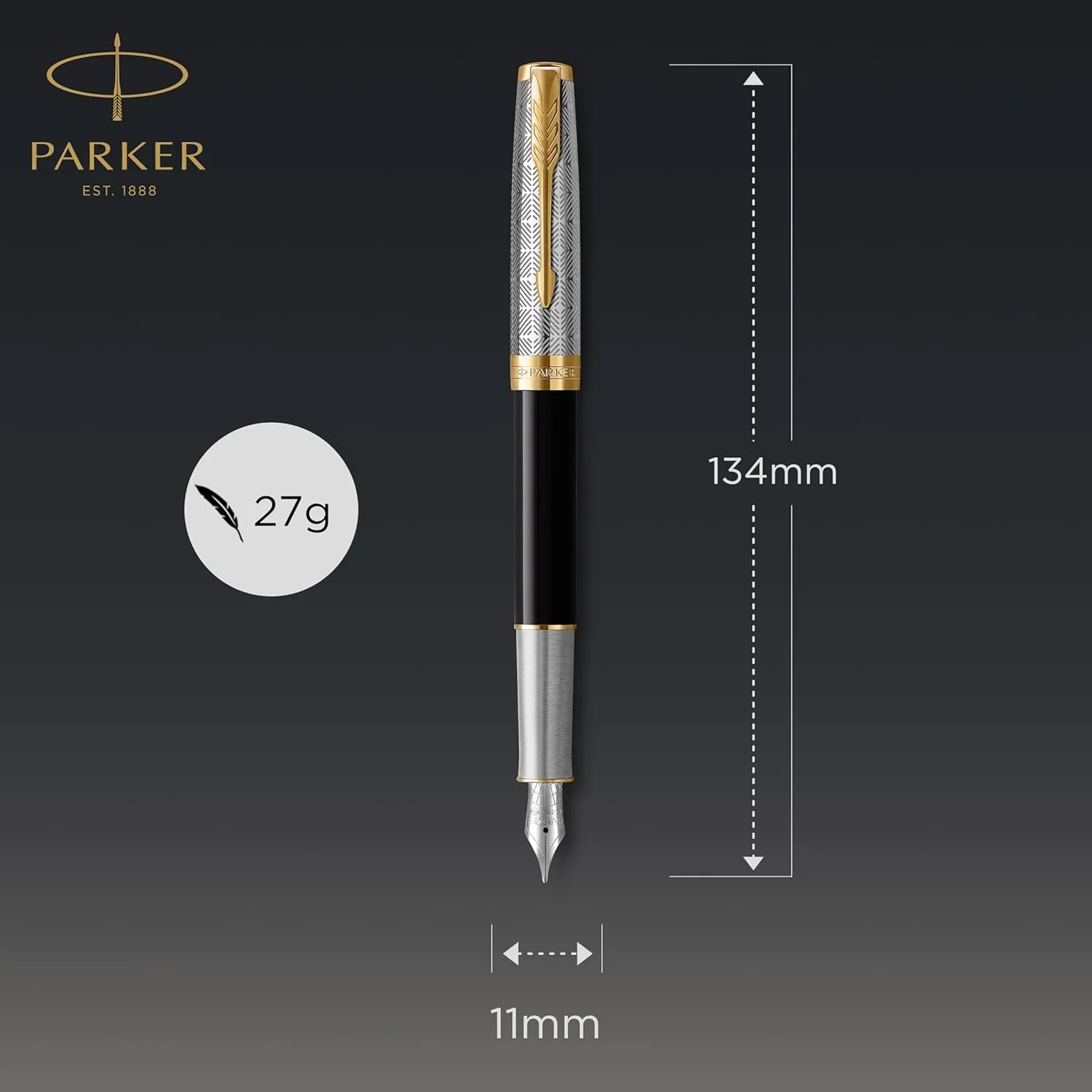 PARKER Sonnet Fountain Pen | Premium Metal and Black Gloss Finish with Gold Trim | Fine 18k Gold Nib with Black Ink Cartridge | Gift Box