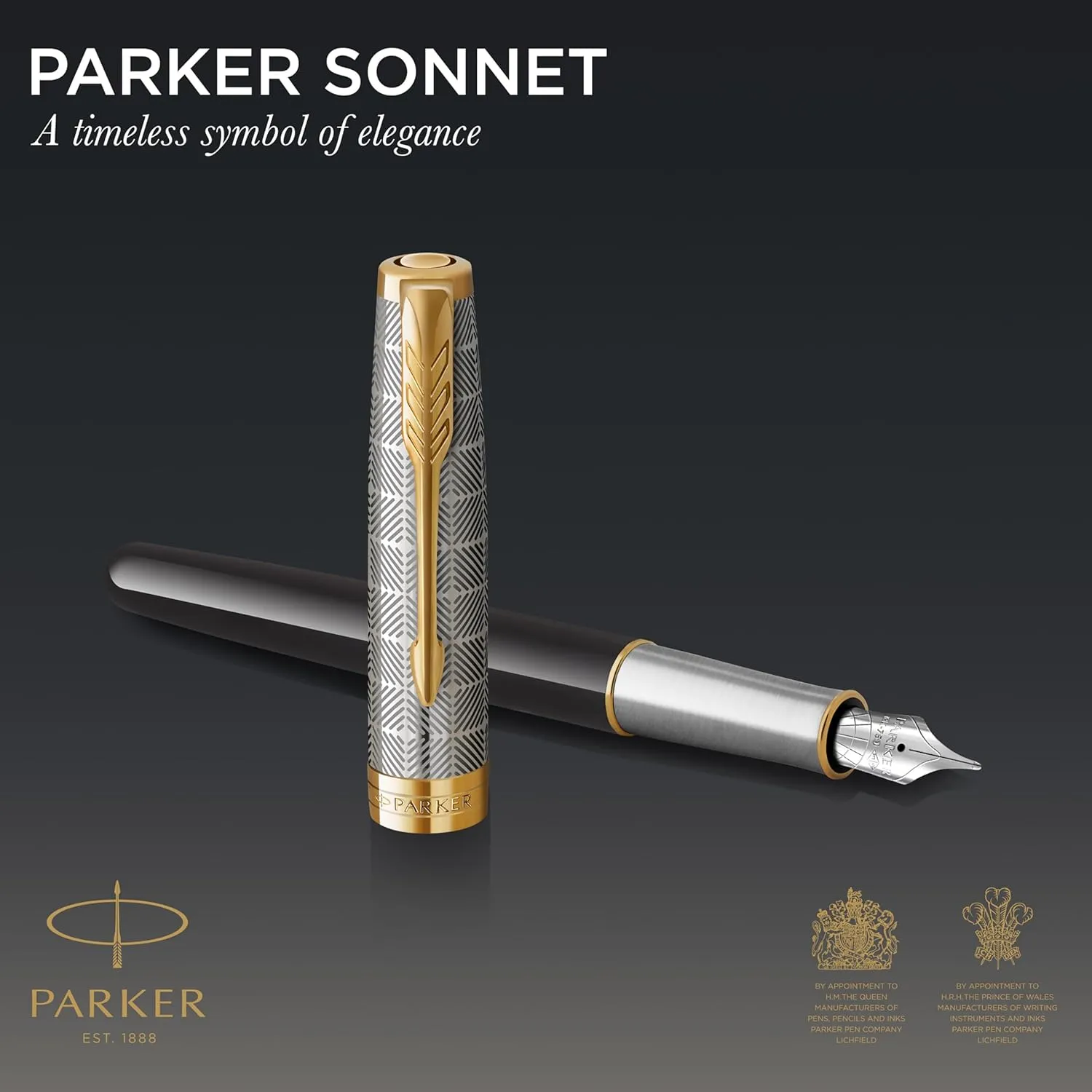 PARKER Sonnet Fountain Pen | Premium Metal and Black Gloss Finish with Gold Trim | Fine 18k Gold Nib with Black Ink Cartridge | Gift Box