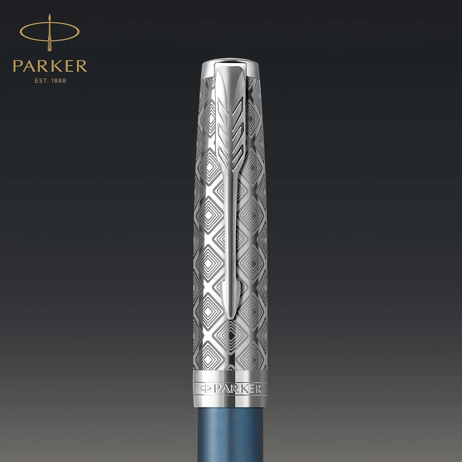 PARKER Sonnet Fountain Pen | Premium Metal and Blue Satin Finish with Chrome Trim | Fine 18k Gold Nib with Black Ink Cartridge | Gift Box
