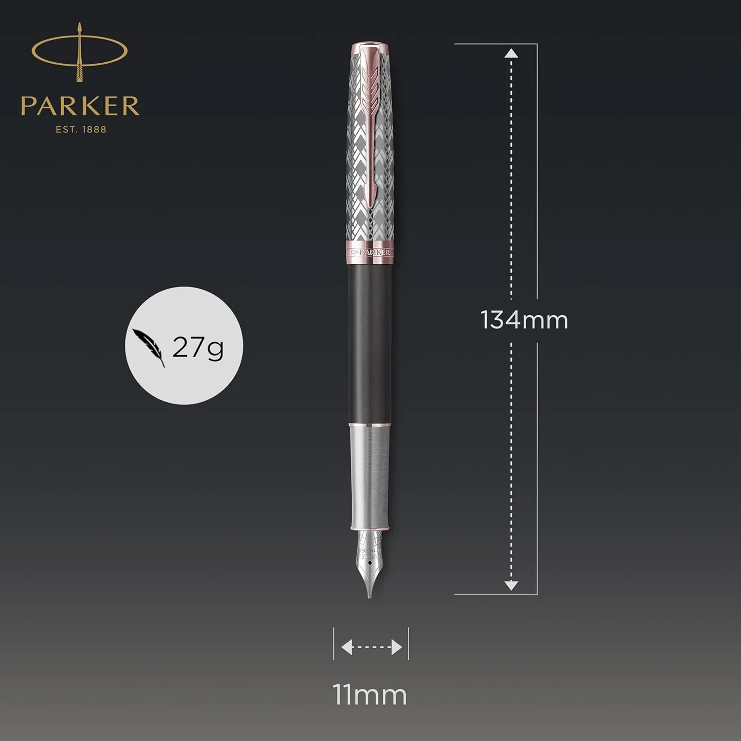 PARKER Sonnet Fountain Pen Premium Metal and Grey Satin Finish with Rose Gold Trim Fine 18k Gold Nib with Black Ink Cartridge Gift Box