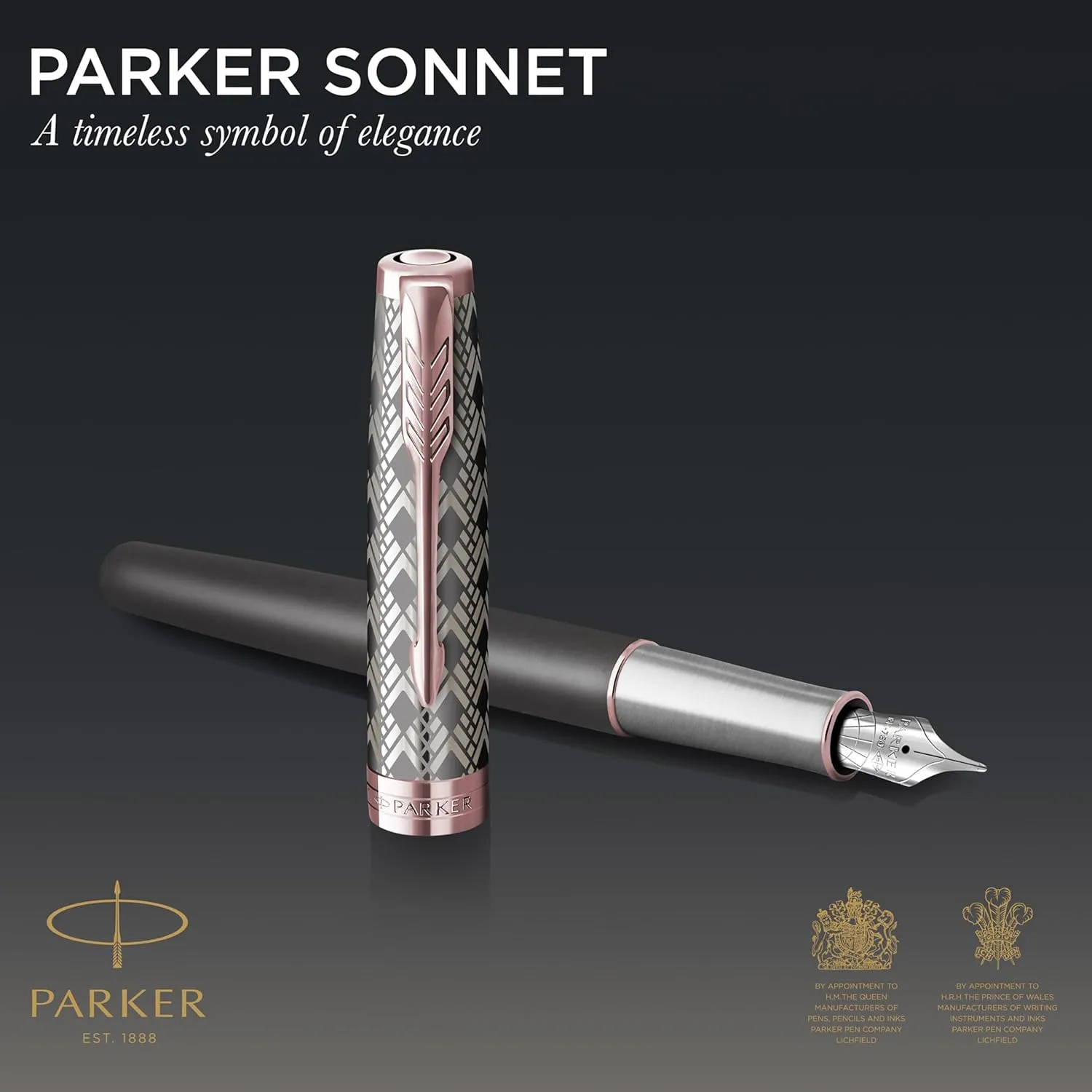 PARKER Sonnet Fountain Pen Premium Metal and Grey Satin Finish with Rose Gold Trim Fine 18k Gold Nib with Black Ink Cartridge Gift Box