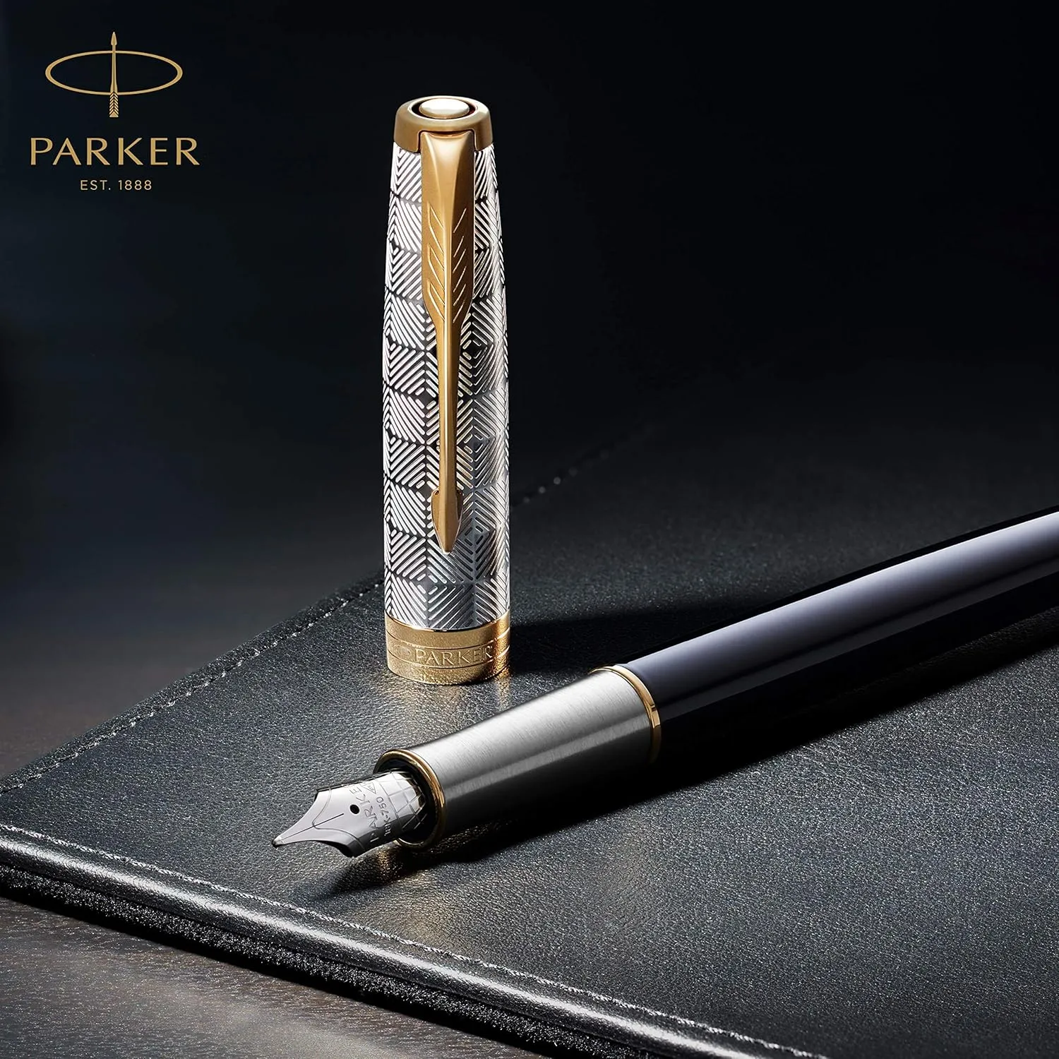 PARKER Sonnet Fountain Pen Premium Metal and Grey Satin Finish with Rose Gold Trim Fine 18k Gold Nib with Black Ink Cartridge Gift Box