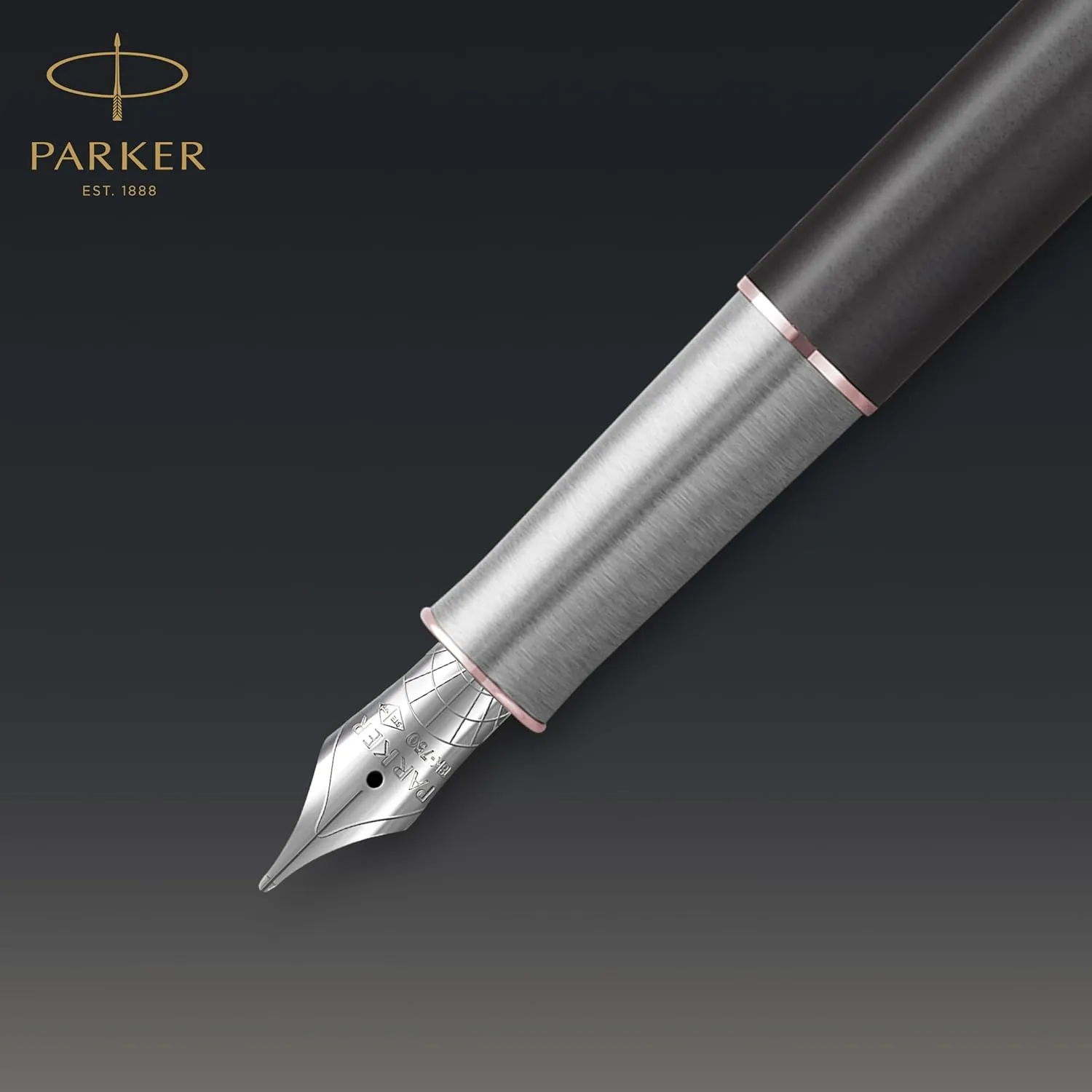 PARKER Sonnet Fountain Pen Premium Metal and Grey Satin Finish with Rose Gold Trim Fine 18k Gold Nib with Black Ink Cartridge Gift Box