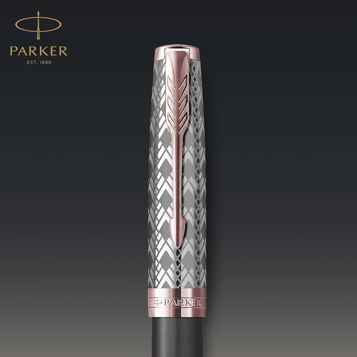 PARKER Sonnet Fountain Pen Premium Metal and Grey Satin Finish with Rose Gold Trim Fine 18k Gold Nib with Black Ink Cartridge Gift Box