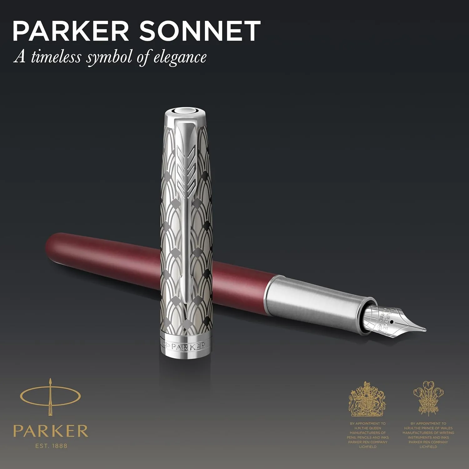 PARKER Sonnet Fountain Pen | Premium Metal and Red Satin Finish with Chrome Trim | Fine 18k Gold Nib with Black Ink Cartridge | Gift Box