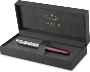 PARKER Sonnet Fountain Pen | Premium Metal and Red Satin Finish with Chrome Trim | Fine 18k Gold Nib with Black Ink Cartridge | Gift Box