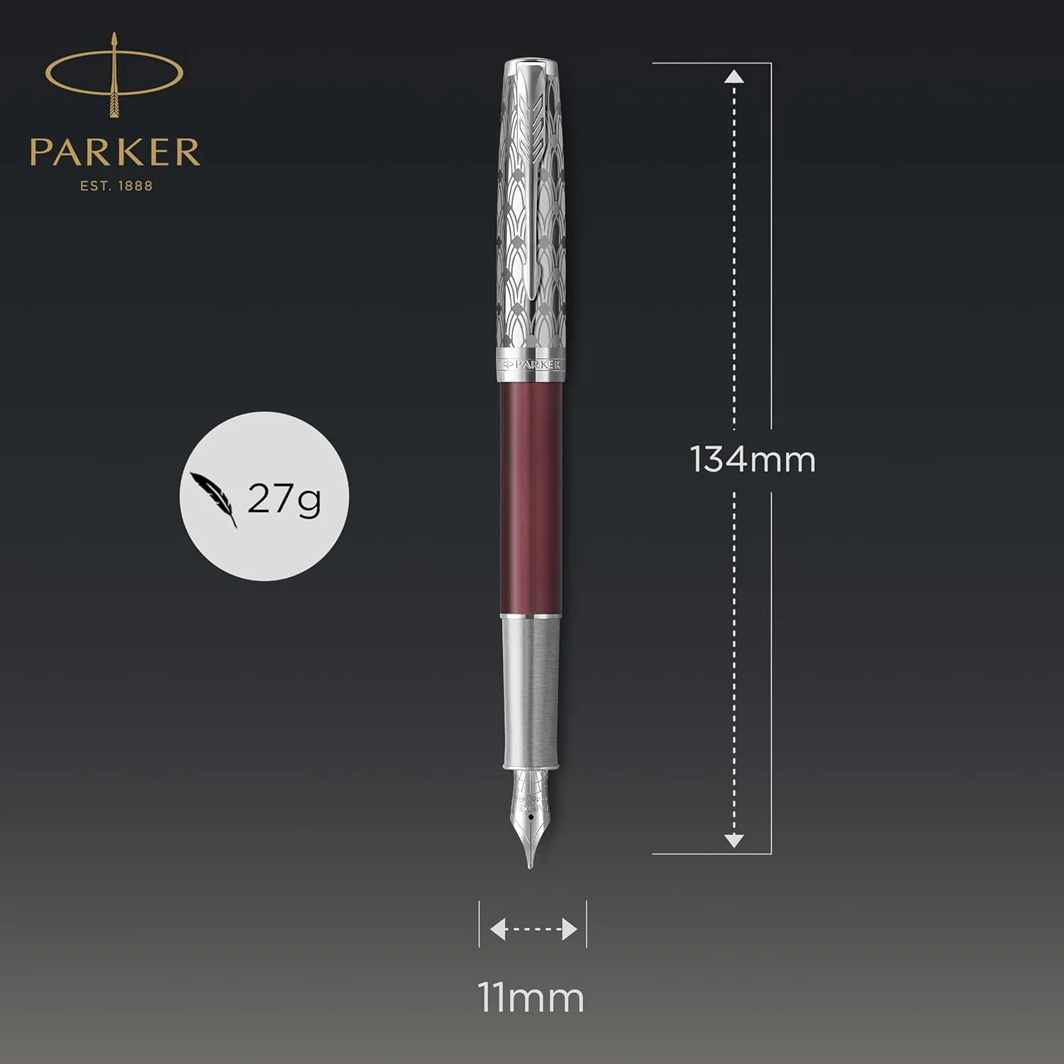 PARKER Sonnet Fountain Pen | Premium Metal and Red Satin Finish with Chrome Trim | Fine 18k Gold Nib with Black Ink Cartridge | Gift Box
