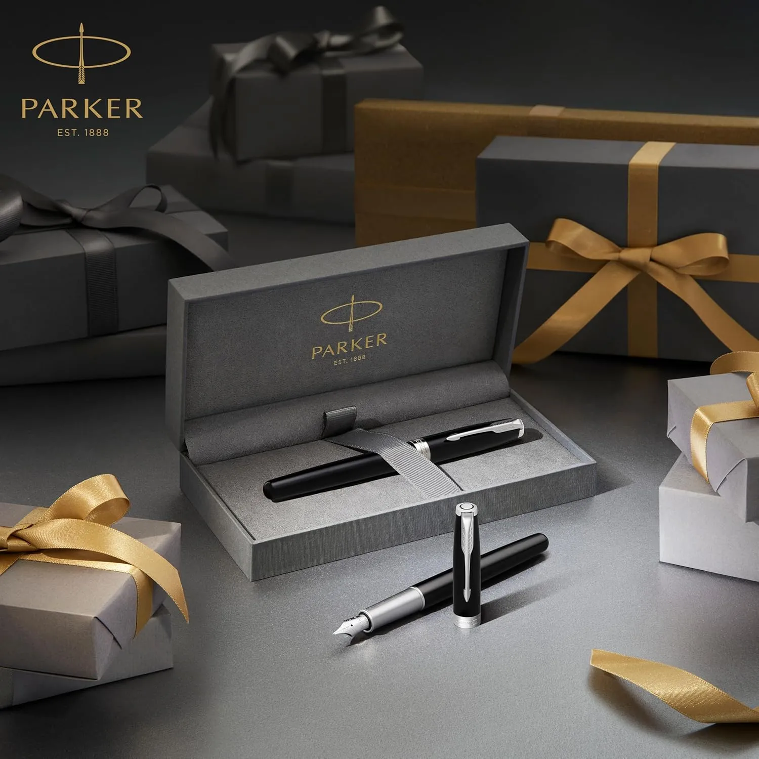 PARKER Sonnet Rollerball Pen, Matte Black Lacquer with Gold Trim, Fine Point Black Ink (1931518)