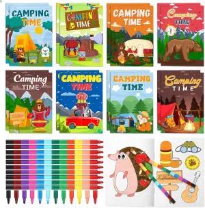 Pasimy 48 Pcs Camping Party Favors Coloring Books with Stackable Crayons Coloring Pages Drawing Booklet Party Supplies for DIY Art Painting Games Goodie Bag Fillers