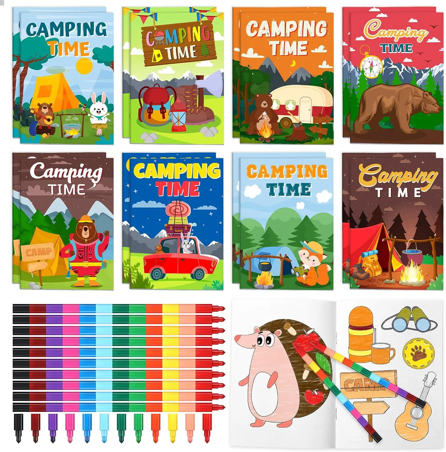 Pasimy 48 Pcs Camping Party Favors Coloring Books with Stackable Crayons Coloring Pages Drawing Booklet Party Supplies for DIY Art Painting Games Goodie Bag Fillers