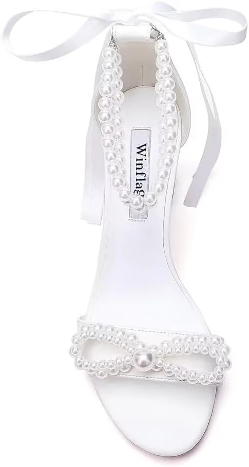 Pearl Heels Bridal Shoes Wedding Shoes for Bride Block Heel Wedding Sandals Wedding Heels with Bow