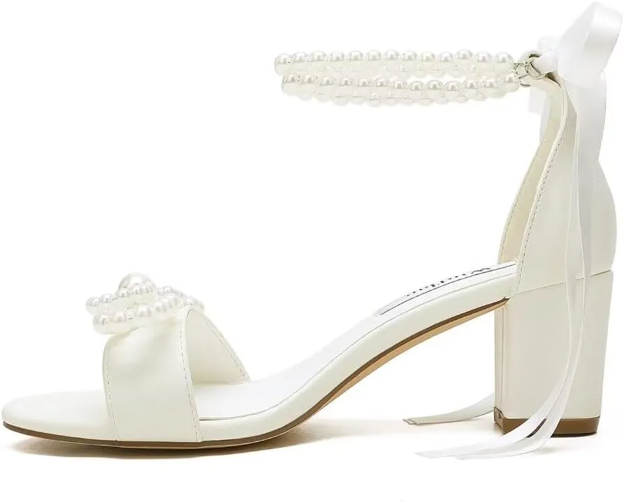 Pearl Heels Bridal Shoes Wedding Shoes for Bride Block Heel Wedding Sandals Wedding Heels with Bow