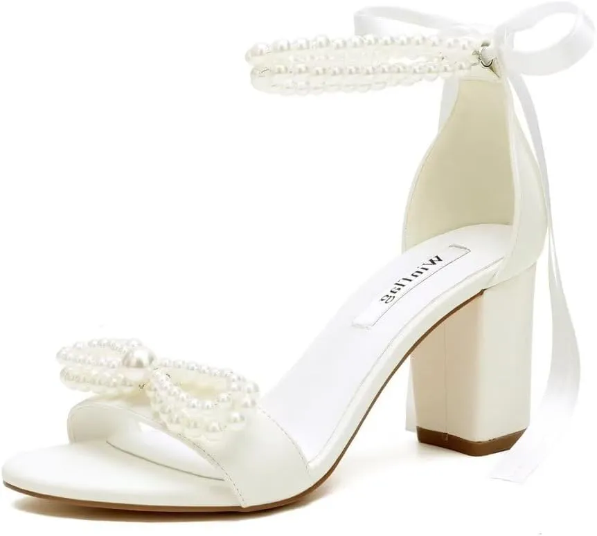 Pearl Heels Bridal Shoes Wedding Shoes for Bride Block Heel Wedding Sandals Wedding Heels with Bow