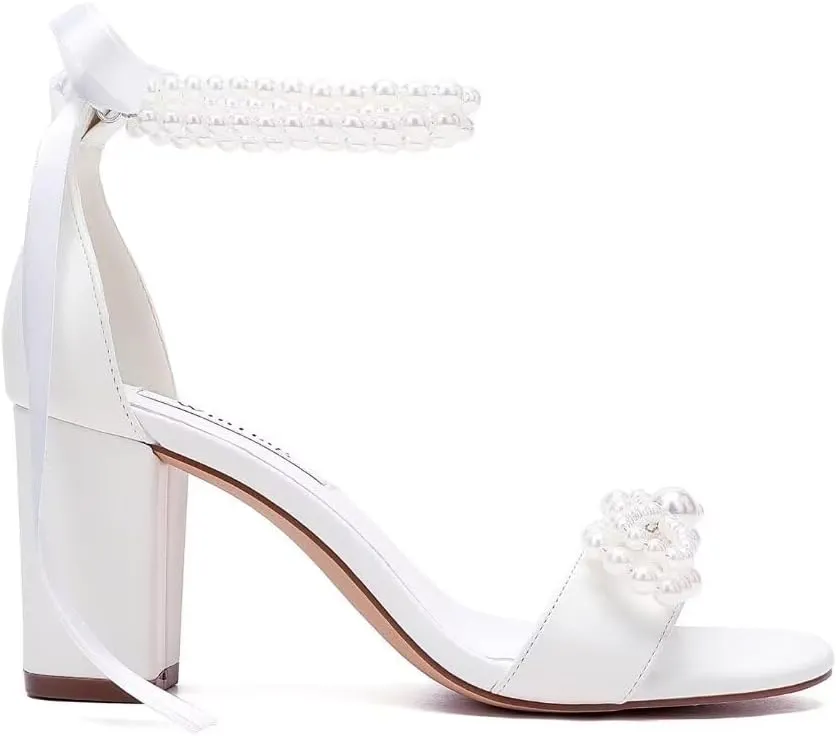 Pearl Heels Bridal Shoes Wedding Shoes for Bride Block Heel Wedding Sandals Wedding Heels with Bow