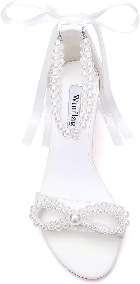Pearl Heels Bridal Shoes Wedding Shoes for Bride Block Heel Wedding Sandals Wedding Heels with Bow