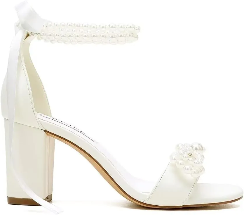 Pearl Heels Bridal Shoes Wedding Shoes for Bride Block Heel Wedding Sandals Wedding Heels with Bow