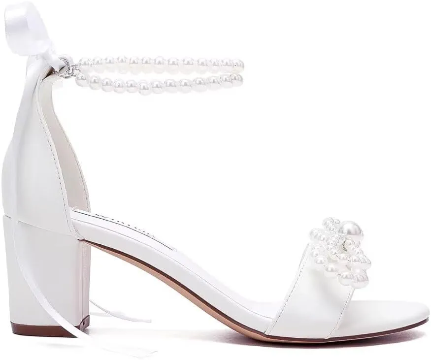 Pearl Heels Bridal Shoes Wedding Shoes for Bride Block Heel Wedding Sandals Wedding Heels with Bow