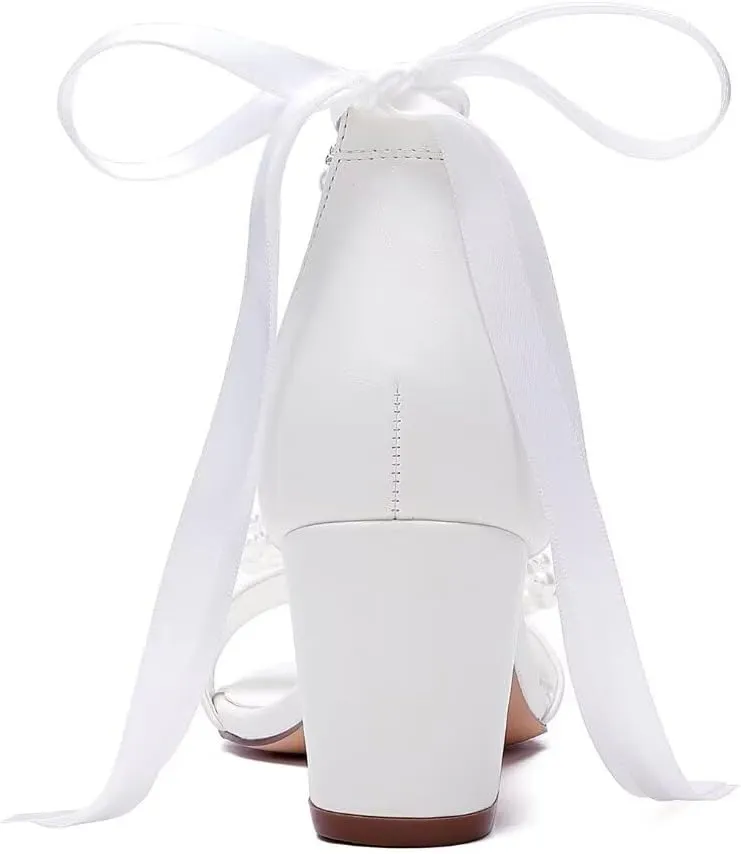 Pearl Heels Bridal Shoes Wedding Shoes for Bride Block Heel Wedding Sandals Wedding Heels with Bow