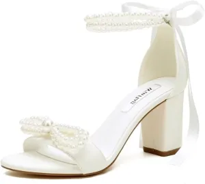 Pearl Heels Bridal Shoes Wedding Shoes for Bride Block Heel Wedding Sandals Wedding Heels with Bow
