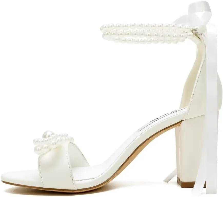 Pearl Heels Bridal Shoes Wedding Shoes for Bride Block Heel Wedding Sandals Wedding Heels with Bow