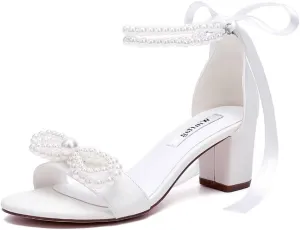 Pearl Heels Bridal Shoes Wedding Shoes for Bride Block Heel Wedding Sandals Wedding Heels with Bow