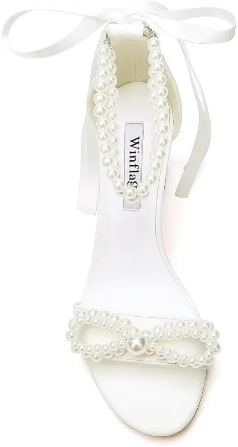 Pearl Heels Bridal Shoes Wedding Shoes for Bride Block Heel Wedding Sandals Wedding Heels with Bow