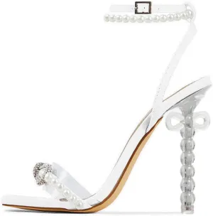 Pearl Heels for Women Sexy Square Toe Rhinestone Bow Clear Heel Sandals