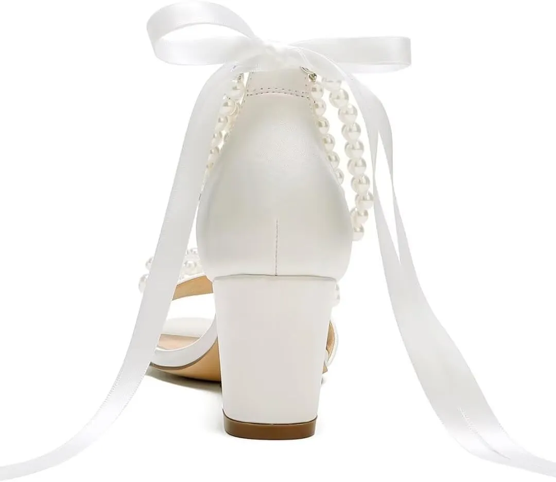 Pearl Heels Wedding Shoes - Block Heel Bridal Sandals with Open Toe and Bow