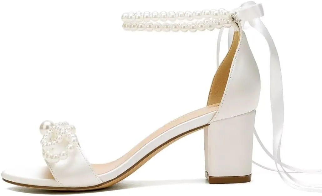Pearl Heels Wedding Shoes - Block Heel Bridal Sandals with Open Toe and Bow
