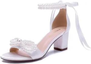 Pearl Heels Wedding Shoes - Block Heel Bridal Sandals with Open Toe and Bow