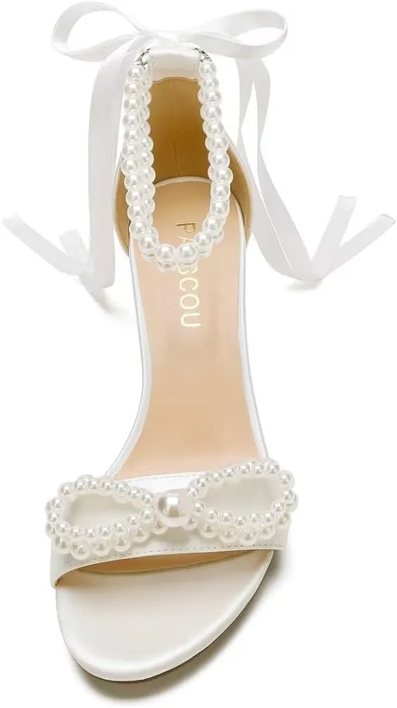 Pearl Heels Wedding Shoes - Block Heel Bridal Sandals with Open Toe and Bow