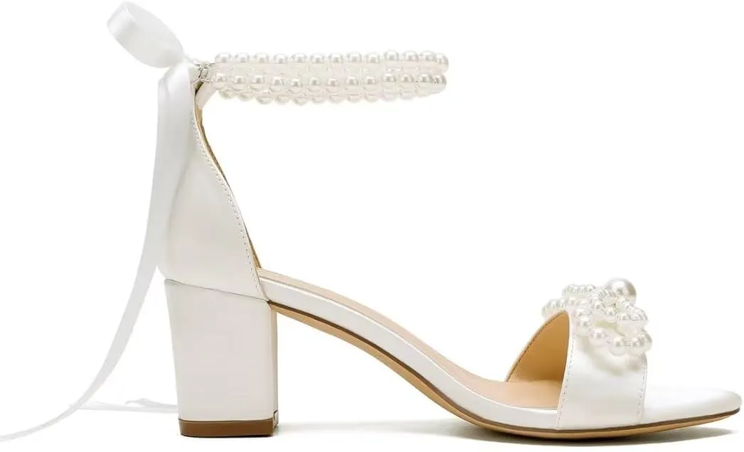 Pearl Heels Wedding Shoes - Block Heel Bridal Sandals with Open Toe and Bow