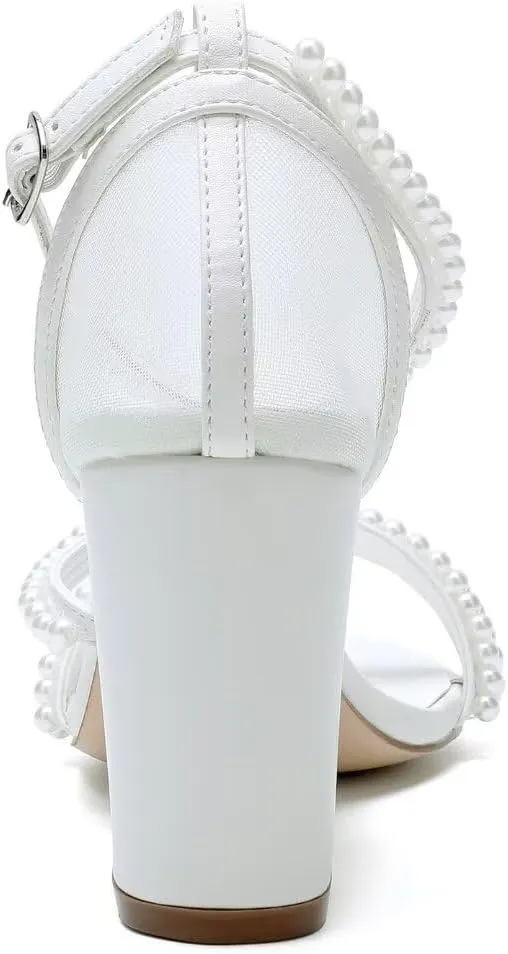 Pearl Heels Wedding Shoes for Bride Block Heel Bridal Shoes Open Toe Wedding Heels