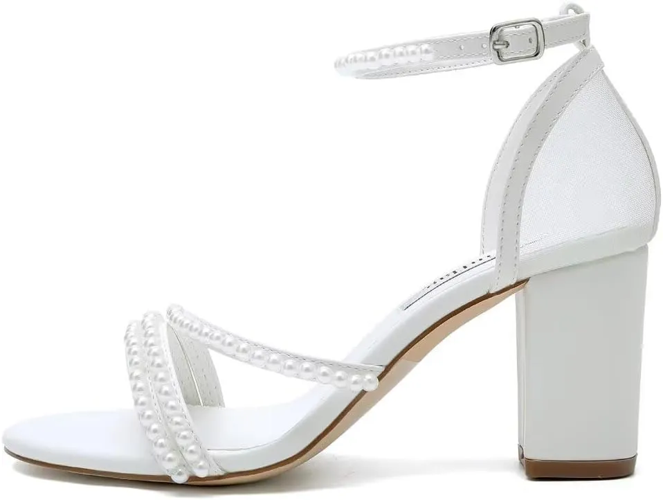 Pearl Heels Wedding Shoes for Bride Block Heel Bridal Shoes Open Toe Wedding Heels