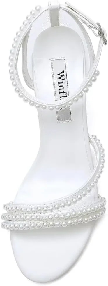 Pearl Heels Wedding Shoes for Bride Block Heel Bridal Shoes Open Toe Wedding Heels