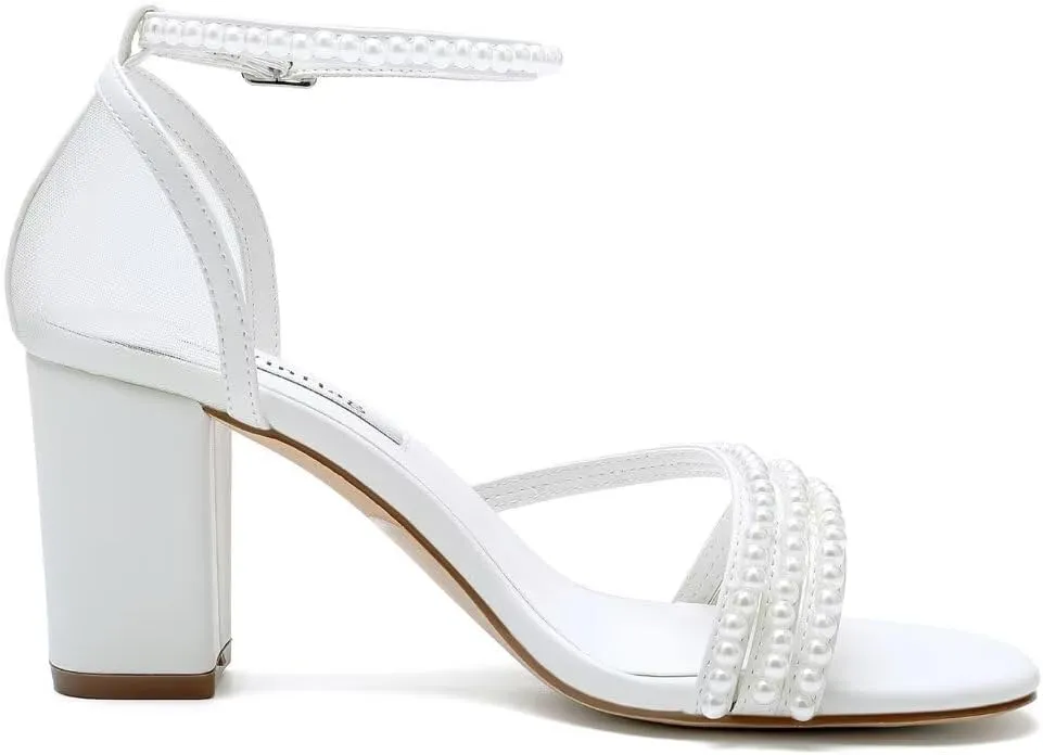 Pearl Heels Wedding Shoes for Bride Block Heel Bridal Shoes Open Toe Wedding Heels
