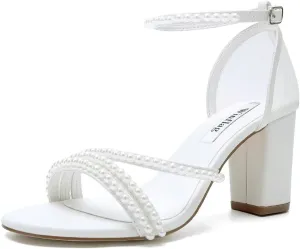 Pearl Heels Wedding Shoes for Bride Block Heel Bridal Shoes Open Toe Wedding Heels