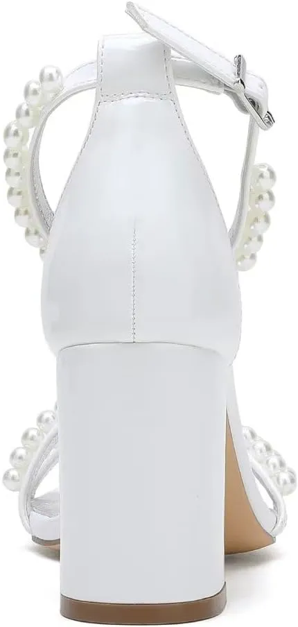 Pearl Heels Wedding Shoes for Bride Open Toe Wedding Sandals Block Heel Bridal Shoes