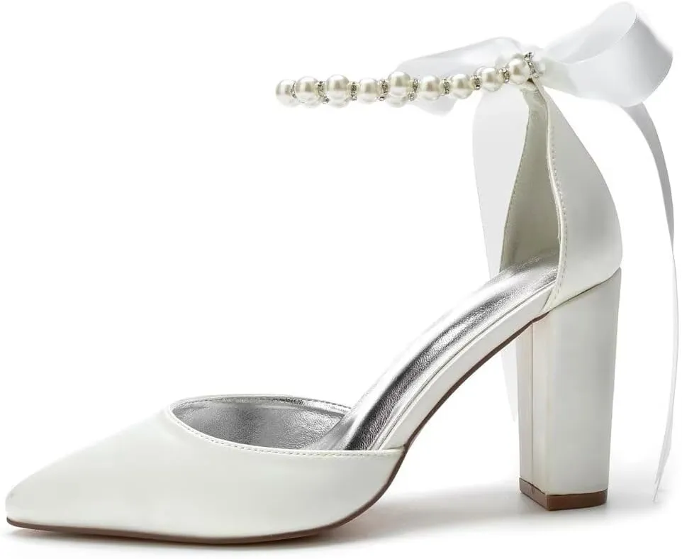 Pearl Wedding Shoes Block Heel Bridal Shoes Closed Toe Wedding Heels for Bride