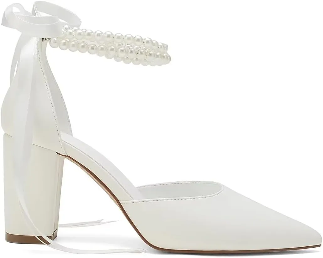 Pearl Wedding Shoes for Bride Block Heel Bridal Shoes Pointed Toe Wedding Heels