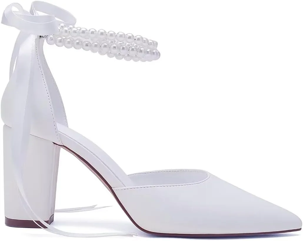 Pearl Wedding Shoes for Bride Block Heel Bridal Shoes Pointed Toe Wedding Heels