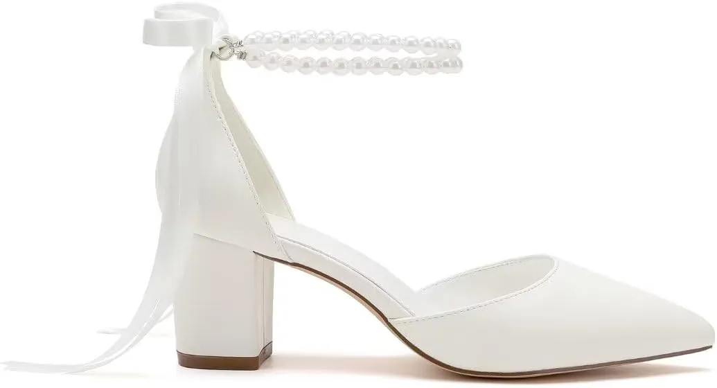 Pearl Wedding Shoes for Bride Block Heel Bridal Shoes Pointed Toe Wedding Heels