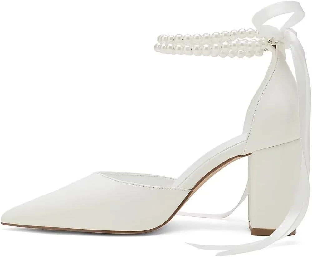 Pearl Wedding Shoes for Bride Block Heel Bridal Shoes Pointed Toe Wedding Heels