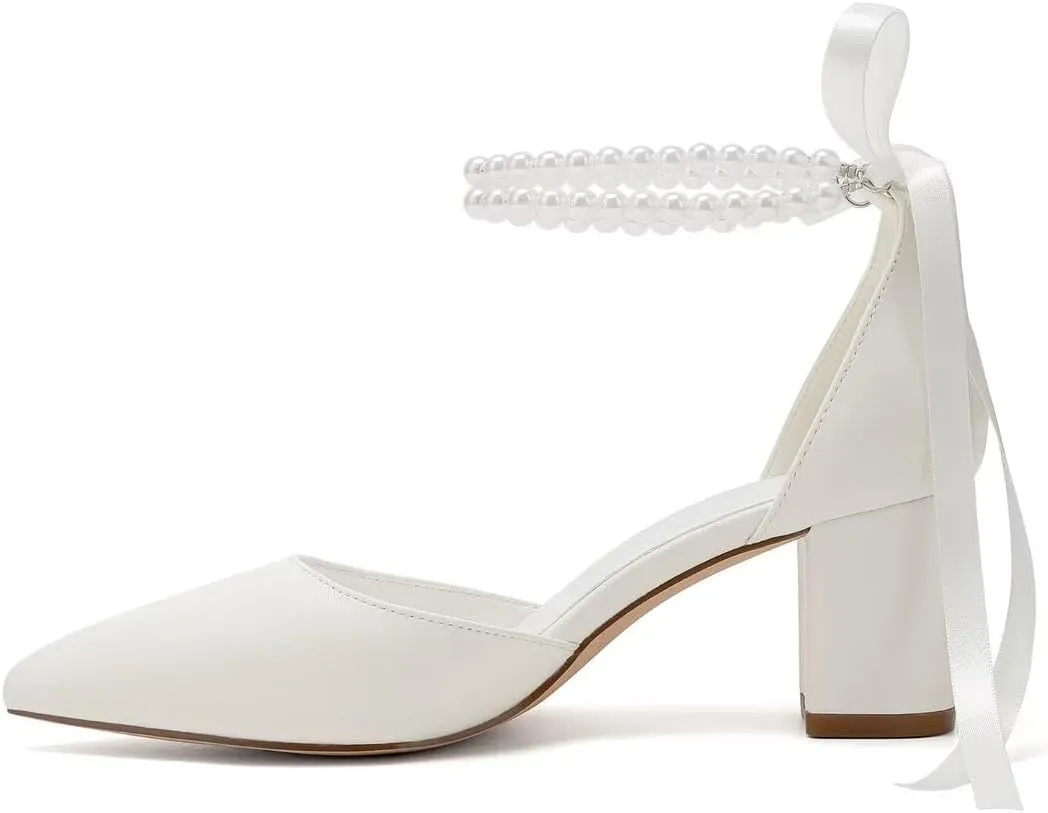 Pearl Wedding Shoes for Bride Block Heel Bridal Shoes Pointed Toe Wedding Heels