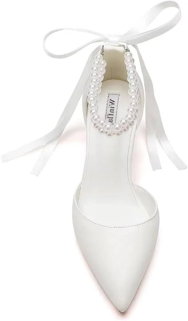 Pearl Wedding Shoes for Bride Block Heel Bridal Shoes Pointed Toe Wedding Heels