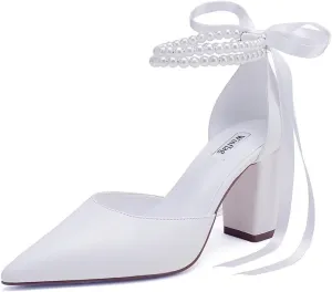 Pearl Wedding Shoes for Bride Block Heel Bridal Shoes Pointed Toe Wedding Heels