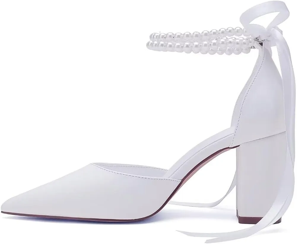 Pearl Wedding Shoes for Bride Block Heel Bridal Shoes Pointed Toe Wedding Heels